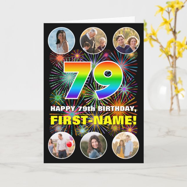 79th Birthday: Fun Rainbow #, Custom Name & Photos Card (Yellow Flower)