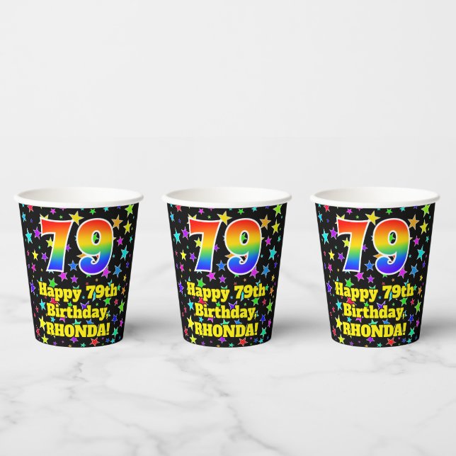 79th Birthday: Fun Stars Pattern and Rainbow 79 Paper Cups (Multi)