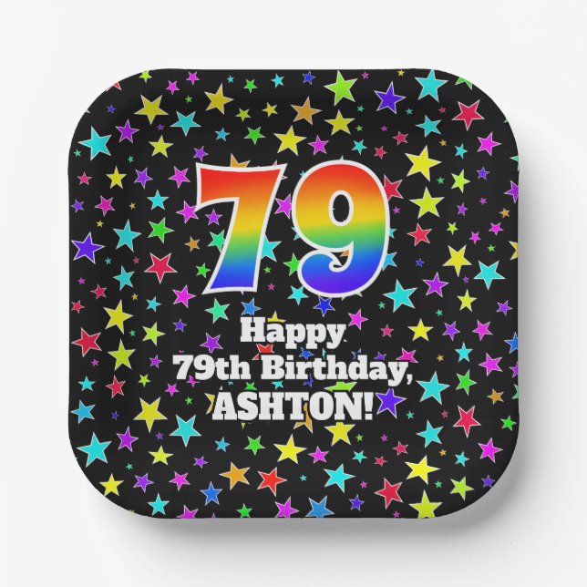 79th Birthday: Fun Stars Pattern and Rainbow “79” Paper Plate (Front)