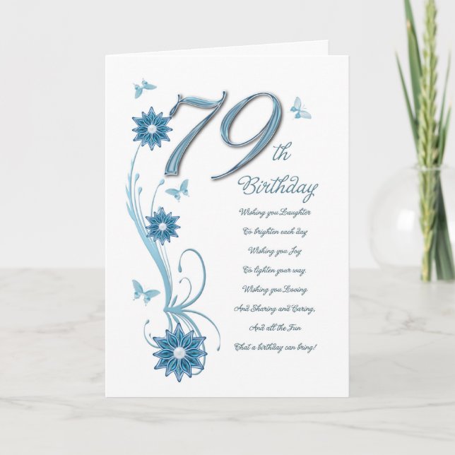 79th birthday in teal with flowers and butterfly card (Front)