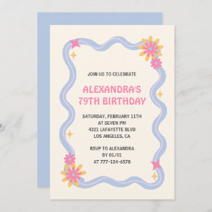 79th birthday invitation Retro Groovy Blue Flowers