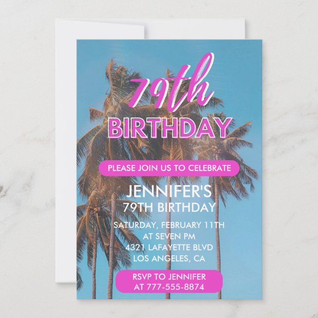 79th birthday invitation Summer Pink Palm tree (Front)