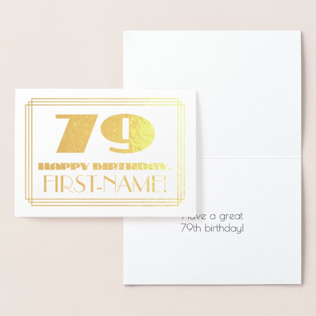 79th Birthday; Name + Art Deco Inspired Look "79" Foil Card (Display)