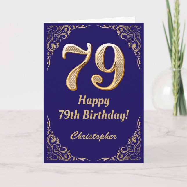 79th Birthday Navy Blue and Gold Glitter Frame Card (Front)