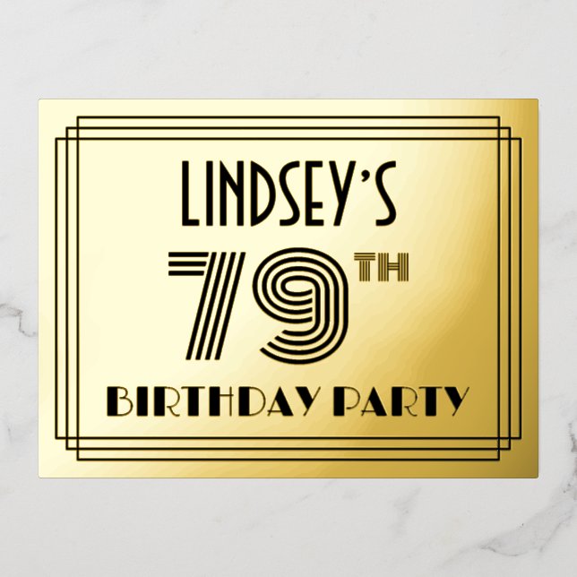 79th Birthday Party ~ Art Deco Style “79” + Name Foil Invitation Postcard (Front)