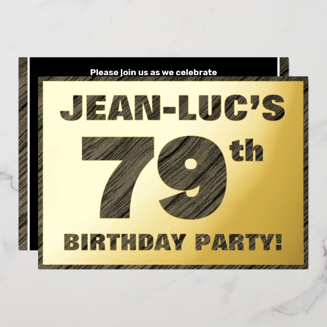 79th Birthday Party — Bold, Faux Wood Grain Text (Front/Back)