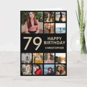 79th Birthday Photo Collage 13 Photos Black & Gold Card
