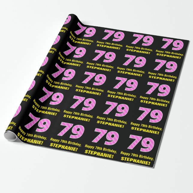 79th Birthday: Pink Stripes and Hearts "79" + Name Wrapping Paper (Unrolled)