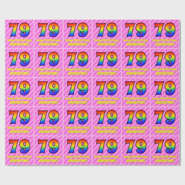 79th Birthday: Pink Stripes & Hearts, Rainbow # 79 Wrapping Paper (Flat)
