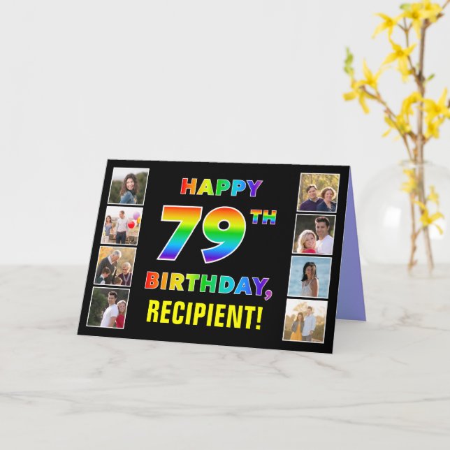 79th Birthday: Rainbow Text, Custom Photos & Name Card (Yellow Flower)