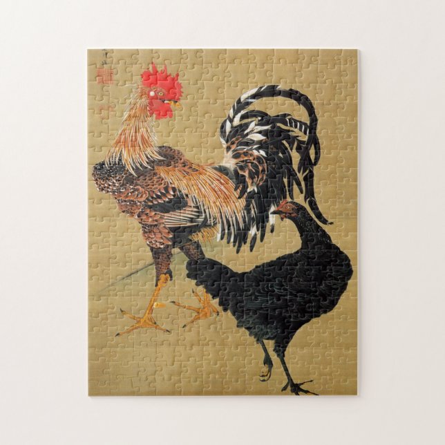 7. 大鶏雌雄図, 若冲 Couple of Chickens, Jakuchū Jigsaw Puzzle (Vertical)