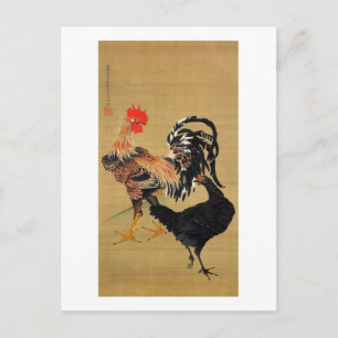7. 大鶏雌雄図, 若冲 Couple of Chickens, Jakuchū Postcard