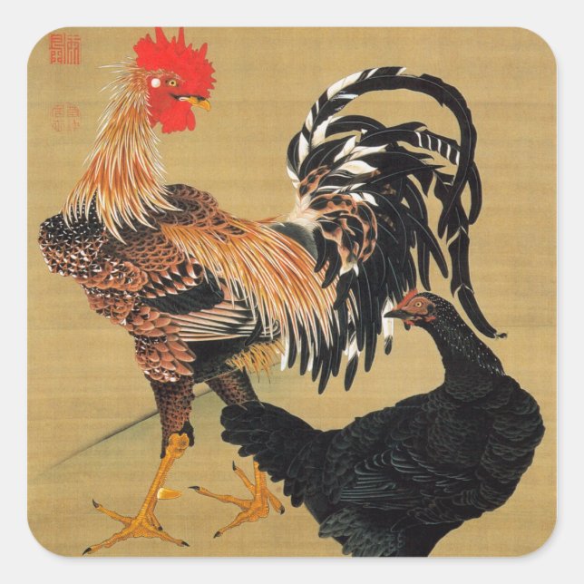 7. 大鶏雌雄図, 若冲 Couple of Chickens, Jakuchū Square Sticker (Front)