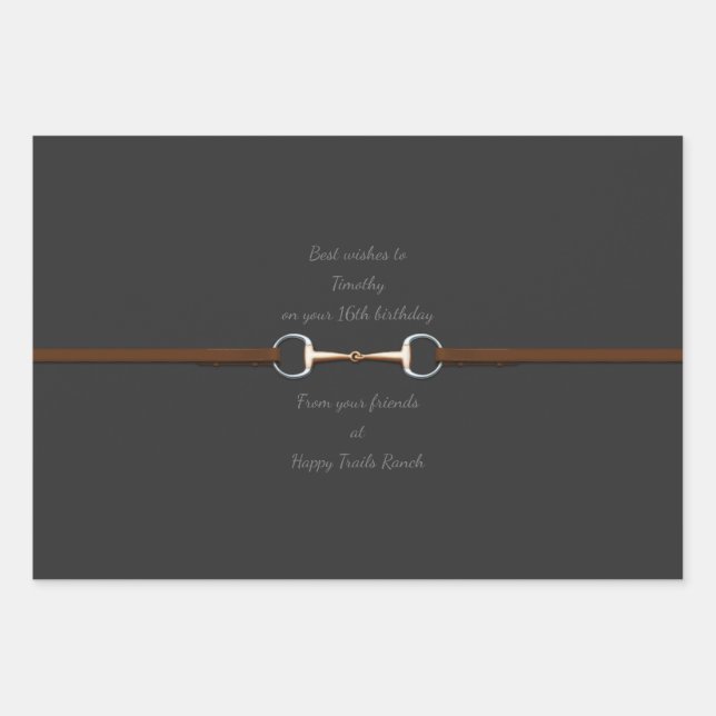 7.5" Snaffle Bit & Reins Custom Text Equestrian Wrapping Paper Sheet (Front)