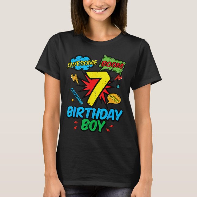 7 Birthday Boy Comic Cool 7th Bday Superhero Party T-Shirt (Front)