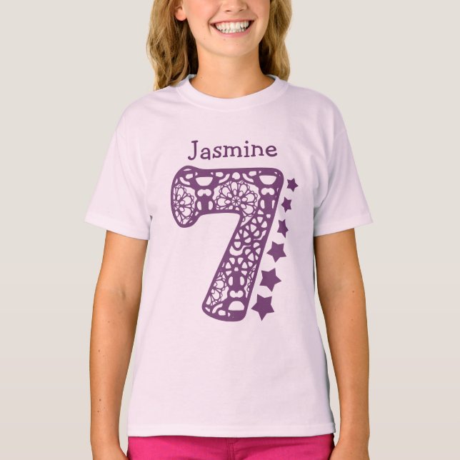 7 Birthday Girl Purple Lace Purple Stars V08V T-Shirt (Front)