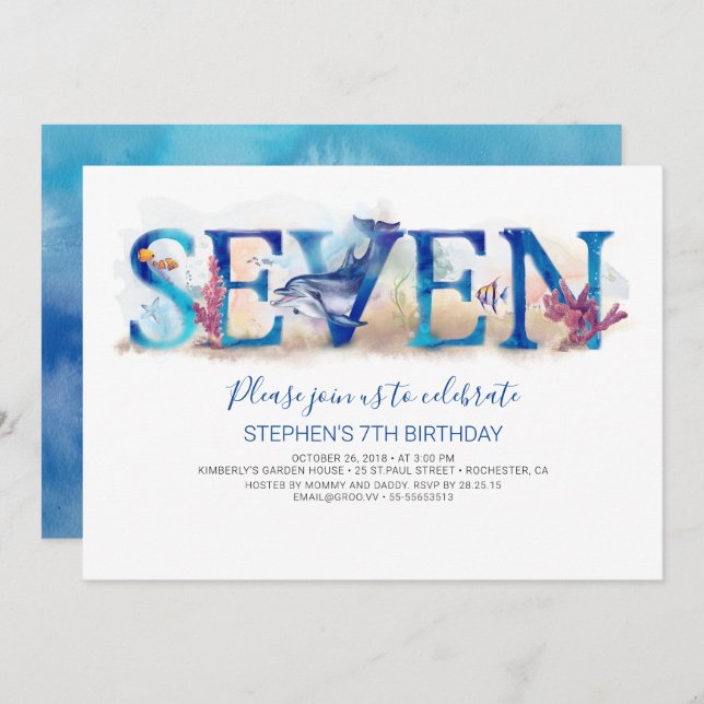7 Birthday Invitation Deep Blue Under the Sea Life (Front/Back)