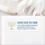 7 Candle Menorah Simpl Gold & Blue Return Address Label<br><div class="desc">Add the perfect finishing touch to cards, invitations, and other correspondence with these elegant white, gold, and blue return address labels. The gold is non-metallic printed color, not foil. All text can easily be customized with any greeting, name, and address. Design features a simple seven candle menorah with lit candles...</div>