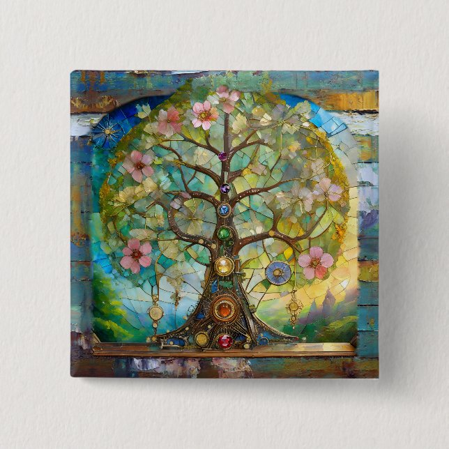 7 Chakra Blossoming Tree Of Life 15 Cm Square Badge (Front)
