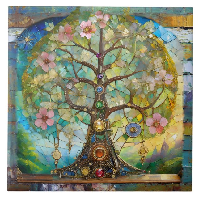 7 Chakra Blossoming Tree Of Life Ceramic Tile (Front)