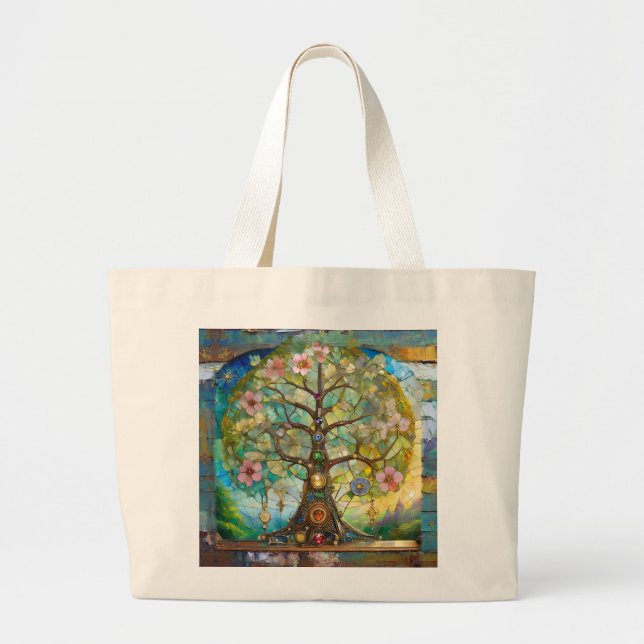 7 Chakra Blossoming Tree Of Life Large Tote Bag (Front)
