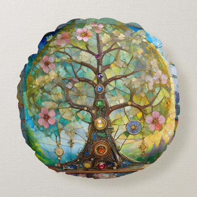 7 Chakra Blossoming Tree Of Life Round Cushion (Front)