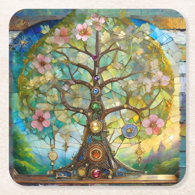 7 Chakra Blossoming Tree Of Life Square Paper Coaster (Front)