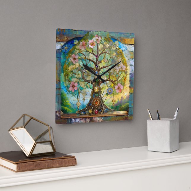 7 Chakra Blossoming Tree Of Life Square Wall Clock (Office)