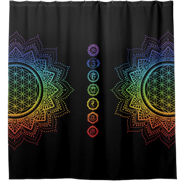 7 Chakras Flower of life Mandala | Black Shower Curtain (Front)