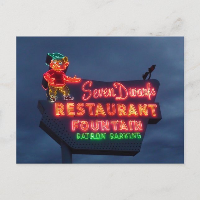 7 Dwarfs Restaurant In Wheaton Il. Retro Neon Sign Postcard (Front)