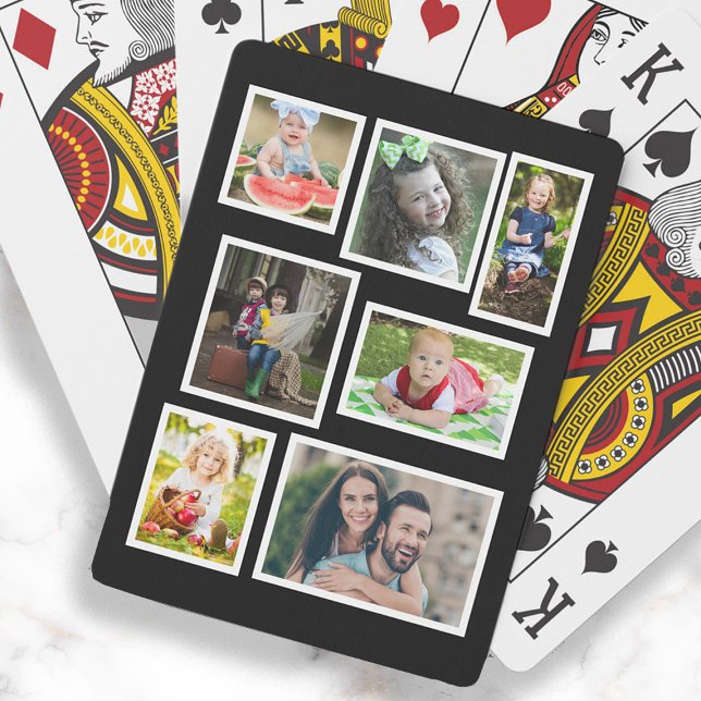 7 Family Photo Collage Black Choose Your Colour  Playing Cards (Black and white 7-photo playing cards)
