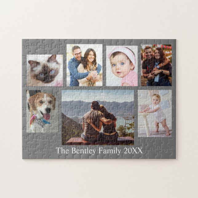 7 Family Photos, DIY Name & Year, Grey Jigsaw Puzzle (Horizontal)