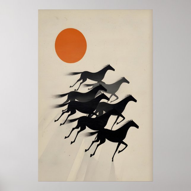 7 Horses Wall Art Minimalist Black Silhouettes (Front)
