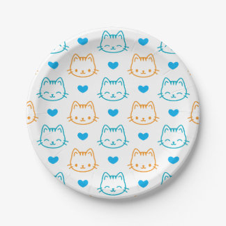 7 inch Turquoise Orange Cat Face pattern Round Paper Plate