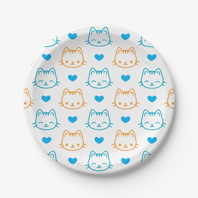 7 inch Turquoise Orange Cat Face pattern Round Paper Plate (Front)