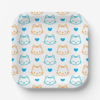 7 inch Turquoise Orange Cat Face pattern Square Paper Plate