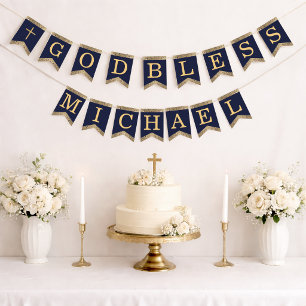 7 Letters Blue Gold God Bless Baptism Communion Bunting