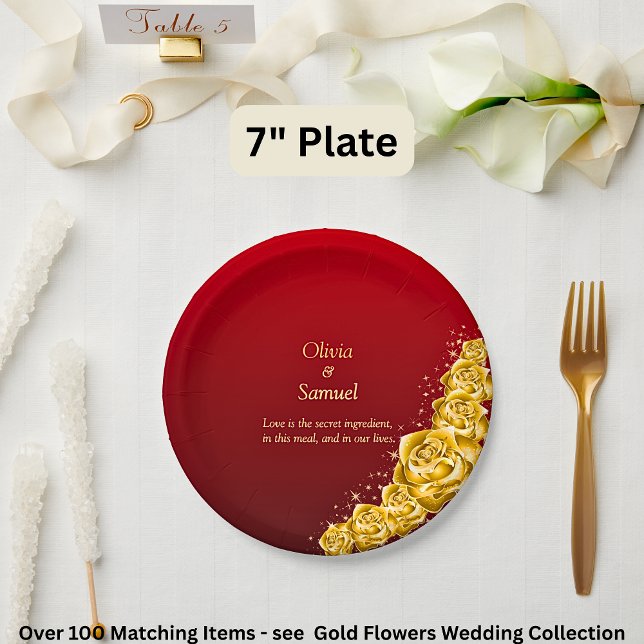 7" Names and Gold Flowers on Red Maroon  Paper Plate (Creator Uploaded)