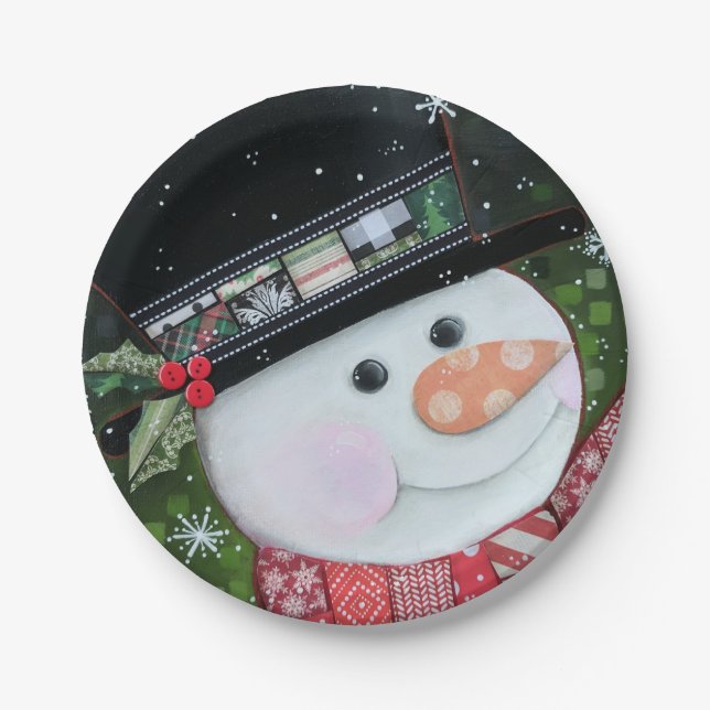 7" Patchwork Snowman Paper Plate (Front)