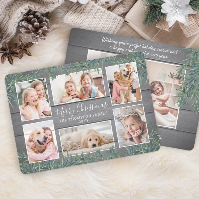 7 Photo Christmas Greenery & Rustic Grey Wood Holiday Card (Creator Uploaded)