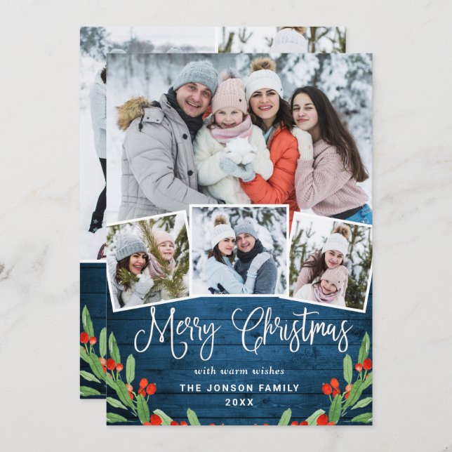 7 PHOTO Christmas Rustic Blue Wood Greeting Holiday Card (Front/Back)