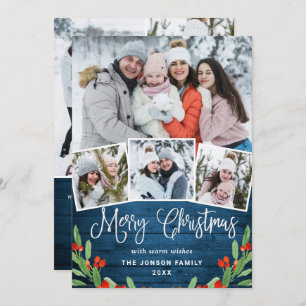7 PHOTO Christmas Rustic Blue Wood Greeting Holiday Card