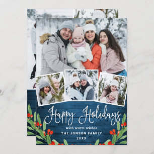 7 PHOTO Christmas Rustic Blue Wood Greeting Holiday Card