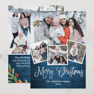 7 PHOTO Christmas Rustic Blue Wood Greeting Holiday Card