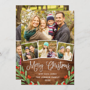 7 PHOTO Christmas Rustic Brown Wood Greeting Holiday Card