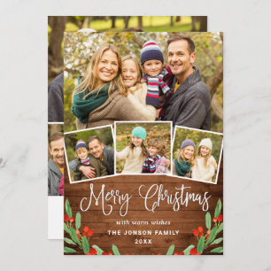 7 PHOTO Christmas Rustic Brown Wood Greeting Holiday Card