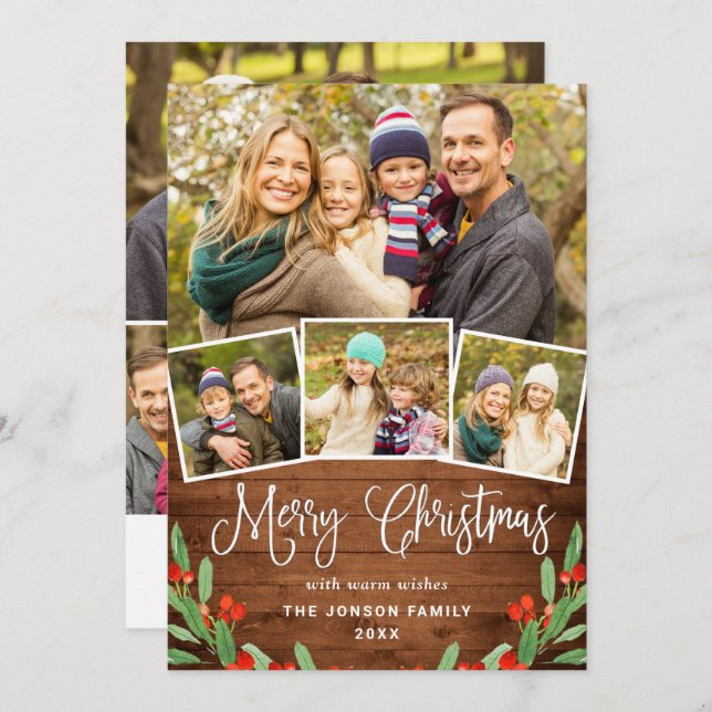 7 PHOTO Christmas Rustic Brown Wood Greeting Holiday Card (Front/Back)