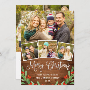 7 PHOTO Christmas Rustic Brown Wood Greeting Holiday Card