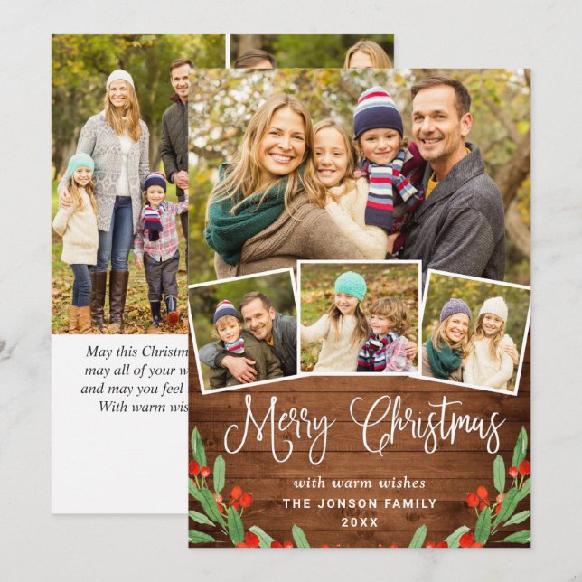 7 PHOTO Christmas Rustic Brown Wood Greeting Holiday Card (Front/Back)