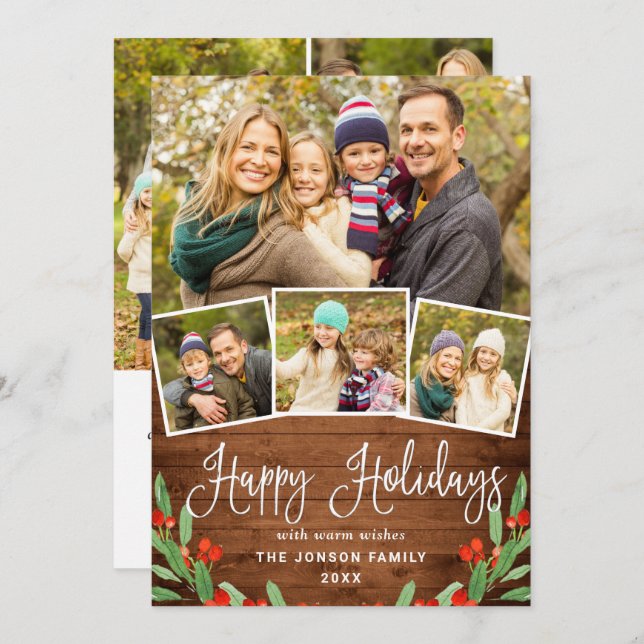 7 PHOTO Christmas Rustic Brown Wood Greeting Holiday Card (Front/Back)